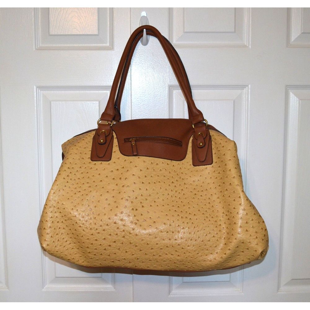 Bueno Ostrich Style Faux Leather Satchel Bag Duffle Tan Camel